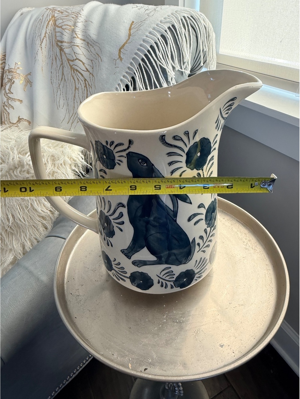 Blue and White Rabbit Ceramic Pitcher - Picture 3 of 12